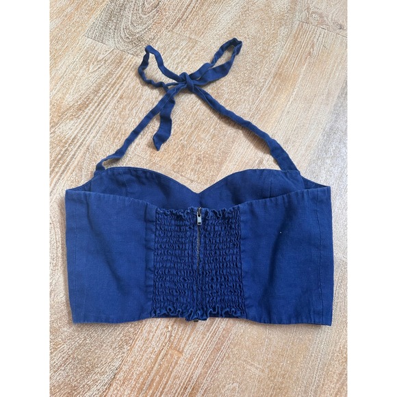 Reformation Navy Linen Smocked Halter Crop Top Size 6 - Picture 7 of 8